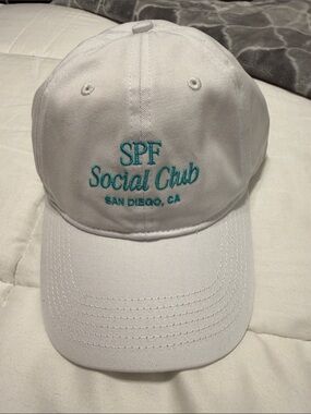 COOLA SPF Social Club White Baseball hat dad hat Cap with Teal Embroidery